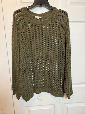 GeeGee 1XL Olive Open Knit Crochet Sweater Fishnet Pullover Plus Size